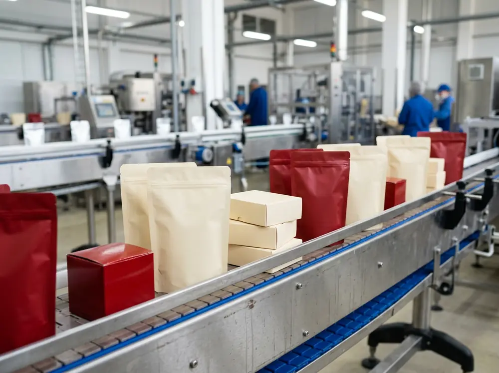 Red and cream MANO packaging moving down a production line