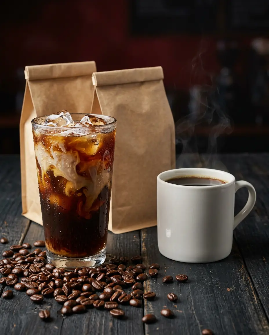 Roasted coffee beans, kraft coffee bags, iced coffee and a steaming mug