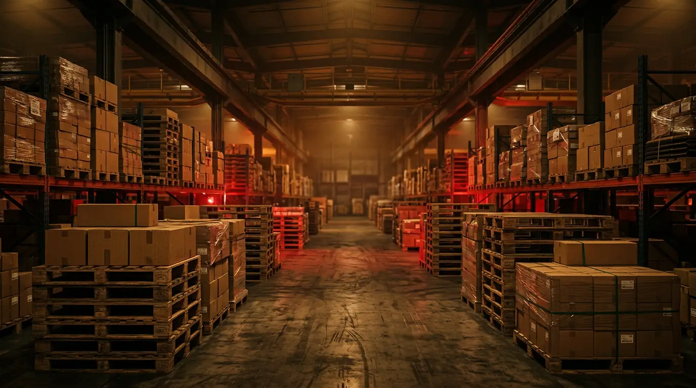 Warehouse stocked with pallets of packaged goods ready for wholesale distribution