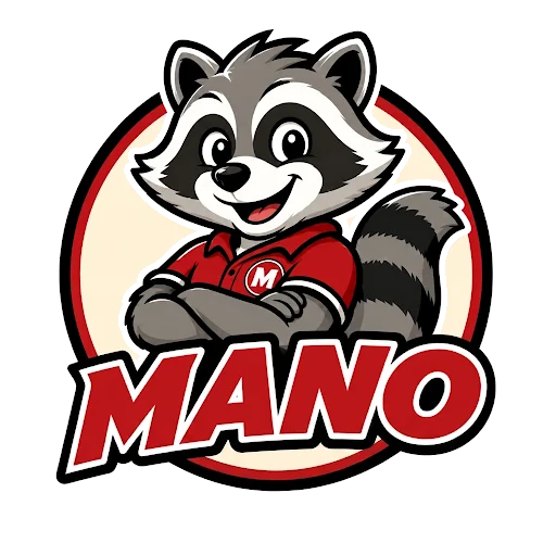 MANO raccoon mascot with arms crossed wearing a red M shirt