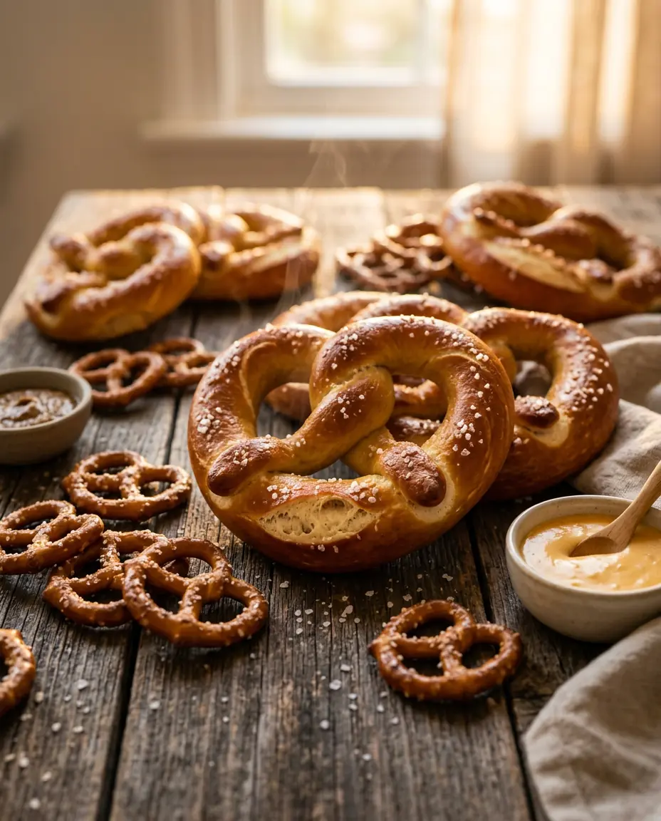 Golden soft pretzels and pretzel twists with coarse salt on rustic wood
