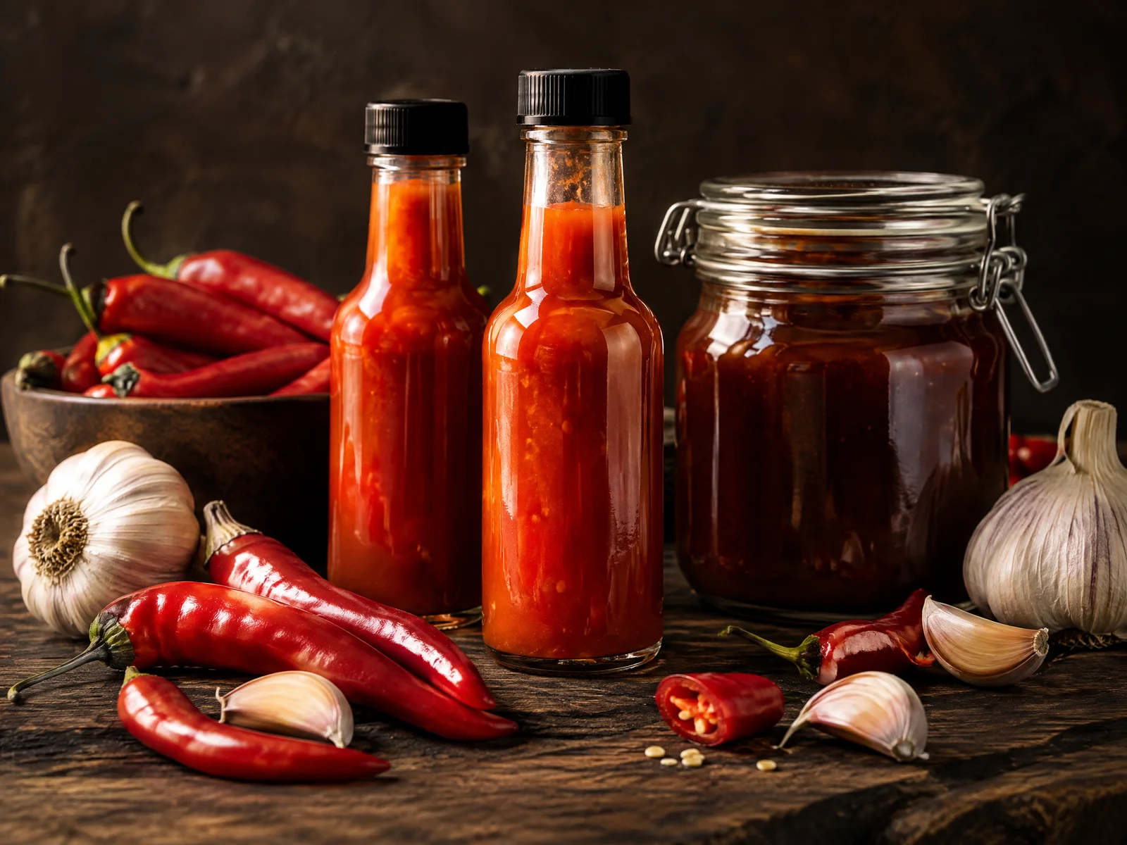 Bottles of red hot sauce and a jar of BBQ sauce with fresh chili peppers and garlic